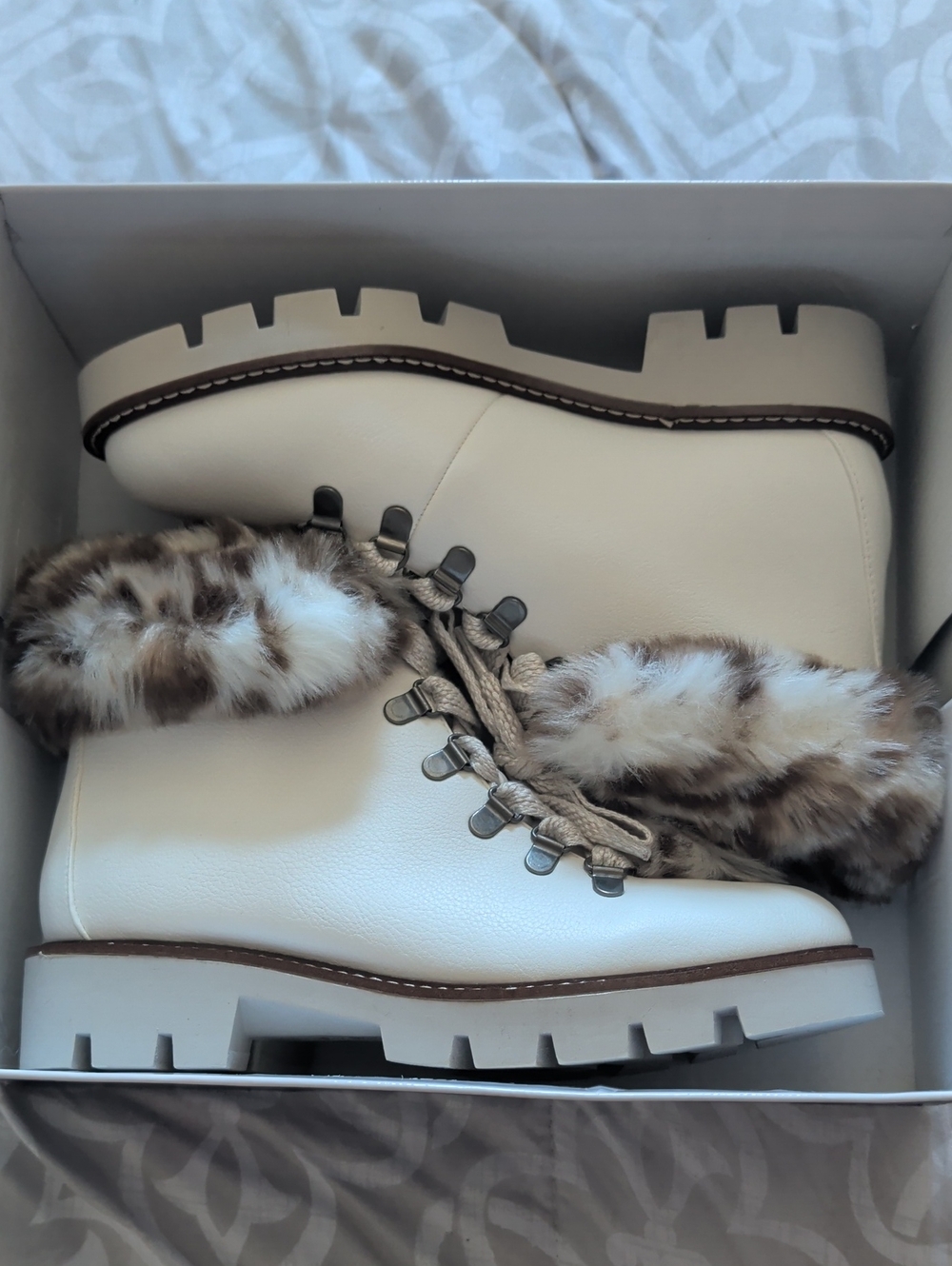 White Mountain Cream Lace-Up Faux-Fur Trim Lug Boots